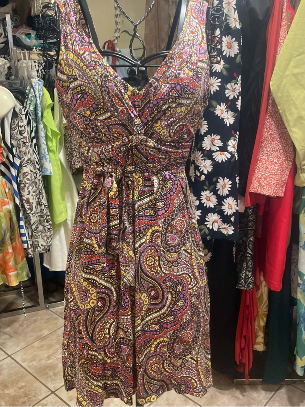 Spense Purple Paisley V-Neck Tie-Waist Midi Dress